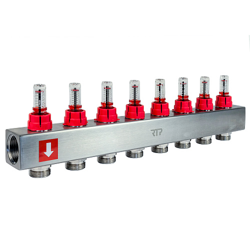 Коллекторная группа с расходомером и кронштейном (евроконус 3/4") нержавеющая сталь SUS 304 1"х 8 выходов, RTP