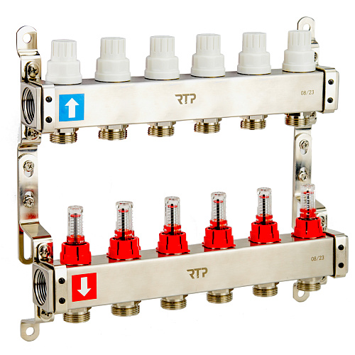 Коллекторная группа с расходомером и кронштейном (евроконус 3/4") нержавеющая сталь SUS 304 1"х 6 выходов, RTP