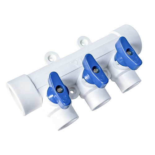 Коллектор с шаровым краном синий PPR 32х20/3,  белый, RTP