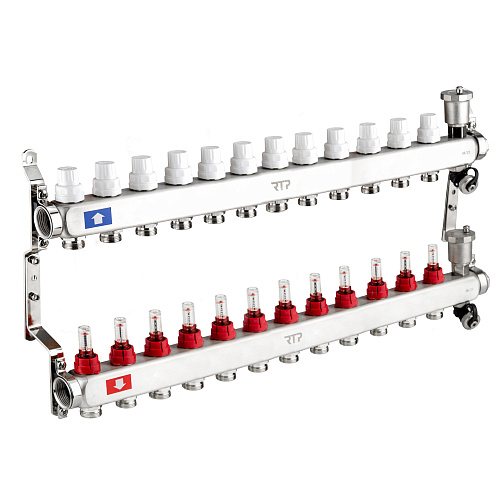 Коллекторная группа с регулирующими клапанами, расходомерами, воздухоотводчиками, обратными и дренажными клапанами, кронштейном (евроконус 3/4") нержавеющая сталь SUS 304 1"х 12 выходов, RTP