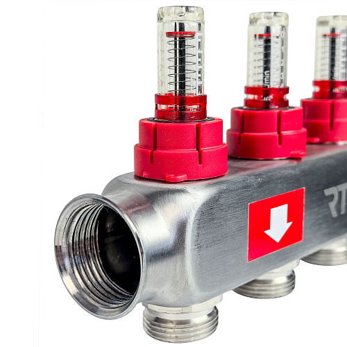 Коллекторная группа с регулирующими клапанами, расходомерами, воздухоотводчиками, обратными и дренажными клапанами, кронштейном (евроконус 3/4") нержавеющая сталь SUS 304 1"х 11 выходов, RTP