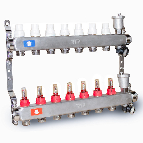 Коллекторная группа с регулирующими клапанами, расходомерами, воздухоотводчиками, обратными и дренажными клапанами, кронштейном (евроконус 3/4") нержавеющая сталь SUS 304 1"х 7 выходов, RTP