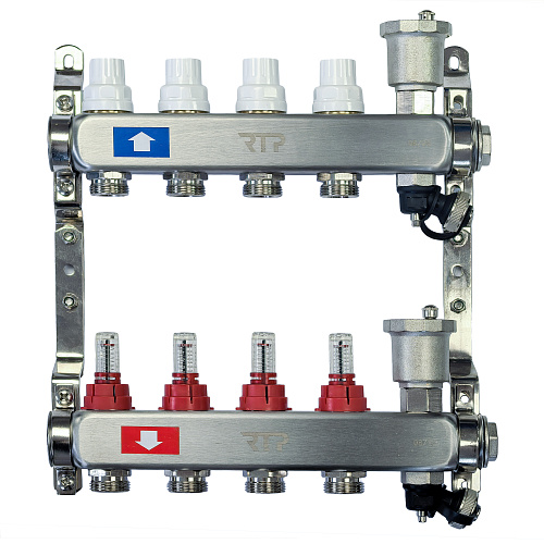 Коллекторная группа с регулирующими клапанами, расходомерами, воздухоотводчиками, обратными и дренажными клапанами, кронштейном (евроконус 3/4") нержавеющая сталь SUS 304 1"х 4 выхода, RTP