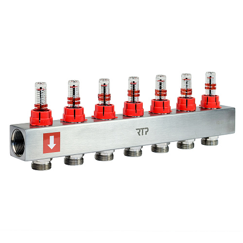 Коллекторная группа с расходомером и кронштейном (евроконус 3/4") нержавеющая сталь SUS 304 1"х 7 выходов, RTP