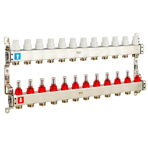 Коллекторная группа с расходомером и кронштейном (евроконус 3/4") нержавеющая сталь SUS 304 1"х11 выходов, RTP