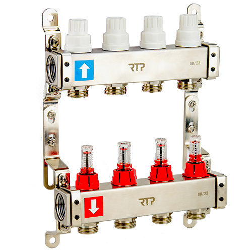 Коллекторная группа с расходомером и кронштейном (евроконус 3/4") нержавеющая сталь SUS 304 1"х 4 выхода, RTP