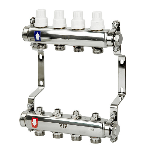 Коллекторная группа с ручными регулирующими клапанами и кронштейном (евроконус 3/4") нержавеющая сталь SUS 304 1"х4 выхода, RTP