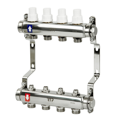 Коллекторная группа с ручными регулирующими клапанами и кронштейном (евроконус 3/4") нержавеющая сталь SUS 304 1"х4 выхода, RTP