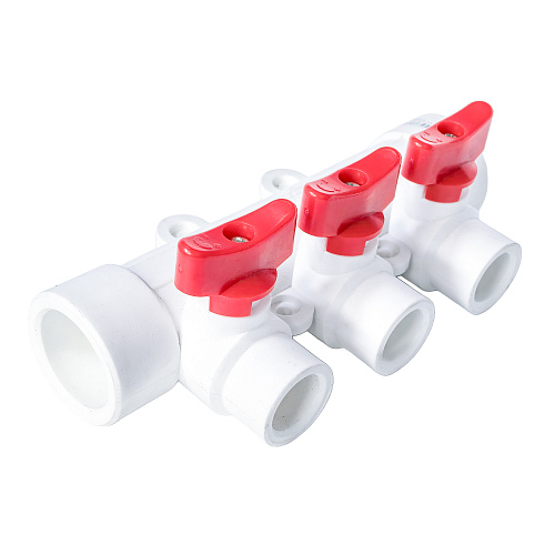 Коллектор с шаровым краном красный PPR 32х20/3,  белый, RTP