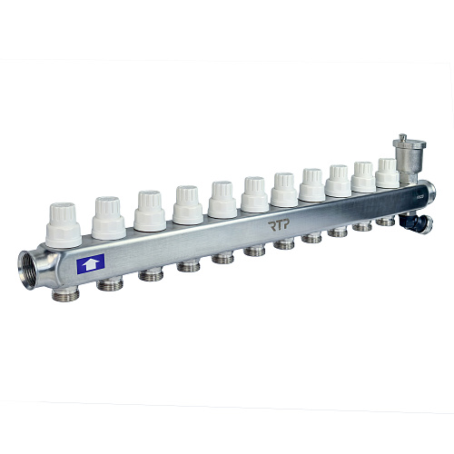 Коллекторная группа с регулирующими клапанами, расходомерами, воздухоотводчиками, обратными и дренажными клапанами, кронштейном (евроконус 3/4") нержавеющая сталь SUS 304 1"х 11 выходов, RTP