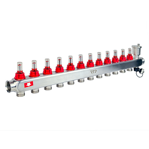 Коллекторная группа с регулирующими клапанами, расходомерами, воздухоотводчиками, обратными и дренажными клапанами, кронштейном (евроконус 3/4") нержавеющая сталь SUS 304 1"х 12 выходов, RTP