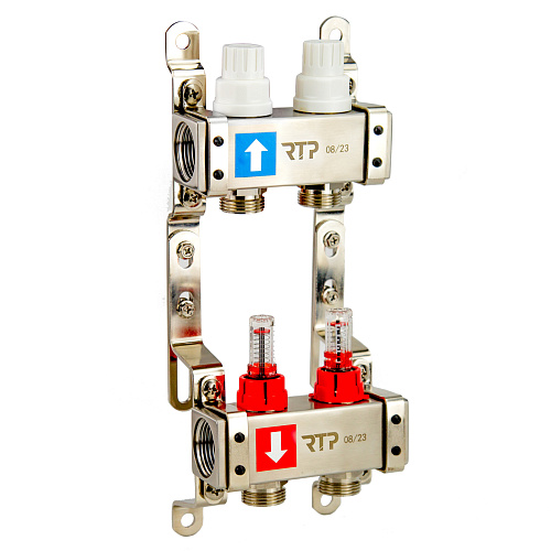 Коллекторная группа с расходомером и кронштейном (евроконус 3/4") нержавеющая сталь SUS 304 1"х 2 выхода, RTP