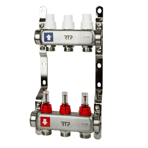 Коллекторная группа с расходомером и кронштейном (евроконус 3/4") нержавеющая сталь SUS 304 1"х 3 выхода, RTP