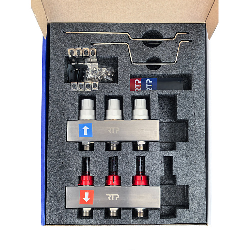 Коллекторная группа с расходомером и кронштейном (евроконус 3/4") нержавеющая сталь SUS 304 1"х 3 выхода, RTP