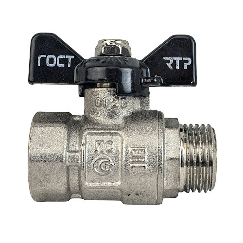 Кран шаровой ГОСТ ручка бабочка, латунь, внутренняя/наружная резьба 1",PN40 никель, RTP