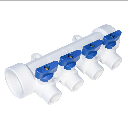 Коллектор с шаровым краном универсальный PPR 40х20/4, бел, RTP