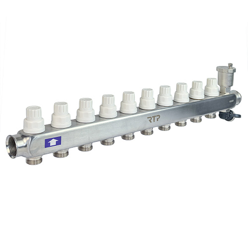 Коллекторная группа с регулирующими клапанами, расходомерами, воздухоотводчиками, обратными и дренажными клапанами, кронштейном (евроконус 3/4") нержавеющая сталь SUS 304 1"х 10 выходов, RTP