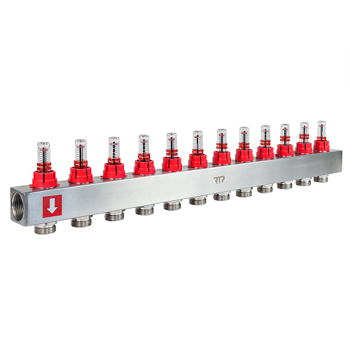 Коллекторная группа с расходомером и кронштейном (евроконус 3/4") нержавеющая сталь SUS 304 1"х12 выходов, RTP