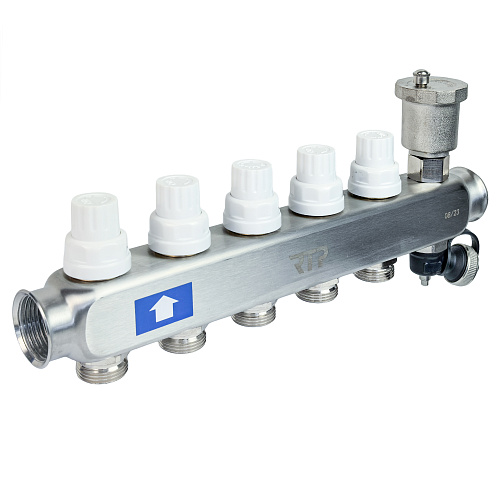 Коллекторная группа с регулирующими клапанами, расходомерами, воздухоотводчиками, обратными и дренажными клапанами, кронштейном (евроконус 3/4") нержавеющая сталь SUS 304 1"х 5 выходов, RTP