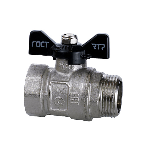 Кран шаровой ГОСТ ручка бабочка, латунь, внутренняя/наружная резьба  3/4",PN40 никель, RTP