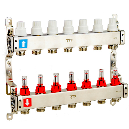 Коллекторная группа с расходомером и кронштейном (евроконус 3/4") нержавеющая сталь SUS 304 1"х 7 выходов, RTP