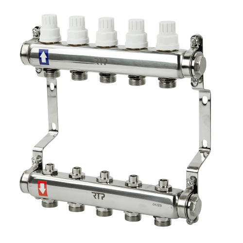 Коллекторная группа с ручными регулирующими клапанами и кронштейном (евроконус 3/4") нержавеющая сталь SUS 304 1"х5 выходов, RTP
