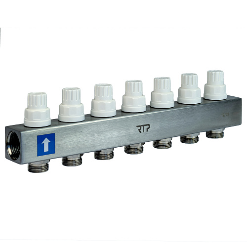 Коллекторная группа с расходомером и кронштейном (евроконус 3/4") нержавеющая сталь SUS 304 1"х 7 выходов, RTP