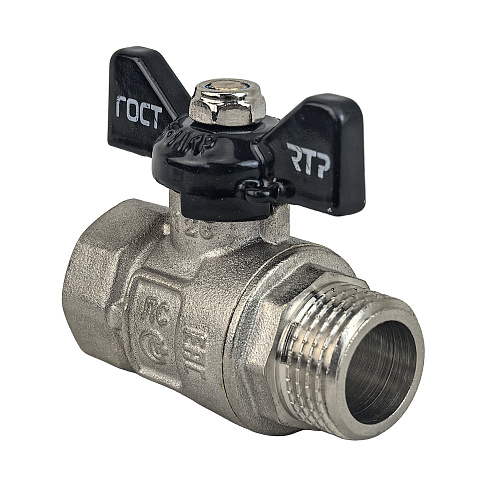 Кран шаровой ГОСТ ручка бабочка, латунь, внутренняя/наружная резьба 1",PN40 никель, RTP