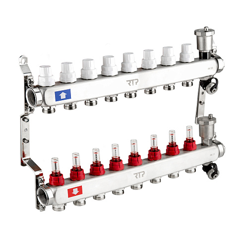 Коллекторная группа с регулирующими клапанами, расходомерами, воздухоотводчиками, обратными и дренажными клапанами, кронштейном (евроконус 3/4") нержавеющая сталь SUS 304 1"х 8 выходов, RTP