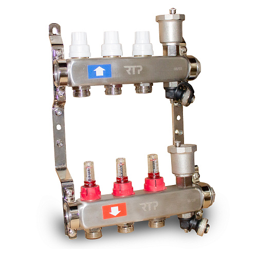 Коллекторная группа с регулирующими клапанами, расходомерами, воздухоотводчиками, обратными и дренажными клапанами, кронштейном (евроконус 3/4") нержавеющая сталь SUS 304 1"х 3 выхода, RTP
