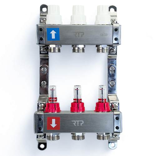 Коллекторная группа с расходомером и кронштейном (евроконус 3/4") нержавеющая сталь SUS 304 1"х 3 выхода, RTP