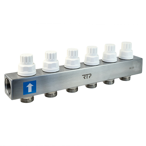 Коллекторная группа с расходомером и кронштейном (евроконус 3/4") нержавеющая сталь SUS 304 1"х 6 выходов, RTP