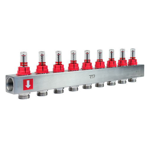 Коллекторная группа с расходомером и кронштейном (евроконус 3/4") нержавеющая сталь SUS 304 1"х 9 выходов, RTP