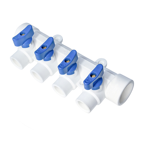 Коллектор с шаровым краном синий PPR 32х20/4,  белый, RTP