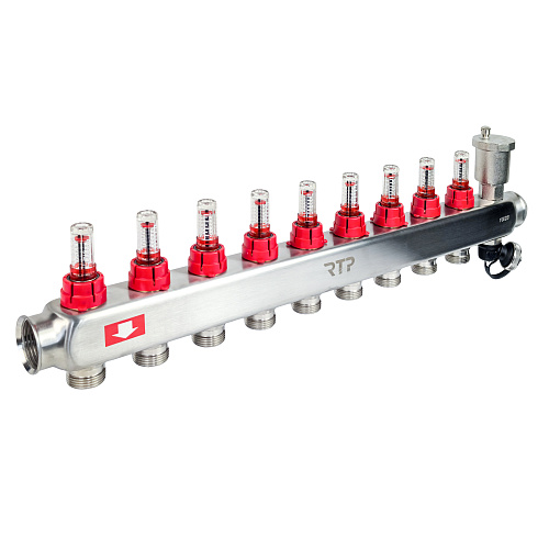 Коллекторная группа с регулирующими клапанами, расходомерами, воздухоотводчиками, обратными и дренажными клапанами, кронштейном (евроконус 3/4") нержавеющая сталь SUS 304 1"х 9 выходов, RTP