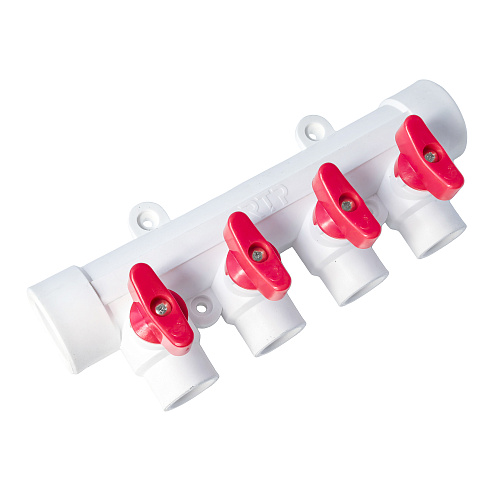 Коллектор с шаровым краном красный PPR 32х20/4,  белый, RTP