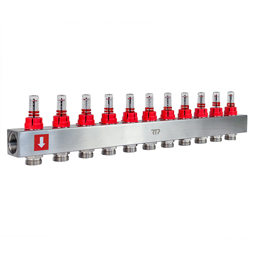 Коллекторная группа с расходомером и кронштейном (евроконус 3/4") нержавеющая сталь SUS 304 1"х11 выходов, RTP