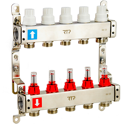Коллекторная группа с расходомером и кронштейном (евроконус 3/4") нержавеющая сталь SUS 304 1"х 5 выходов, RTP