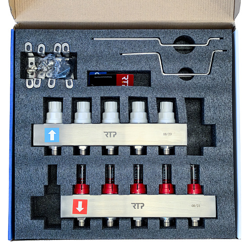 Коллекторная группа с расходомером и кронштейном (евроконус 3/4") нержавеющая сталь SUS 304 1"х 5 выходов, RTP