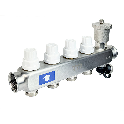 Коллекторная группа с регулирующими клапанами, расходомерами, воздухоотводчиками, обратными и дренажными клапанами, кронштейном (евроконус 3/4") нержавеющая сталь SUS 304 1"х 4 выхода, RTP
