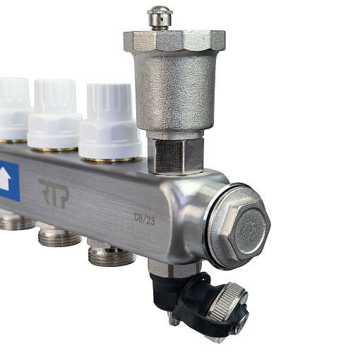 Коллекторная группа с регулирующими клапанами, расходомерами, воздухоотводчиками, обратными и дренажными клапанами, кронштейном (евроконус 3/4") нержавеющая сталь SUS 304 1"х 11 выходов, RTP