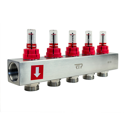 Коллекторная группа с расходомером и кронштейном (евроконус 3/4") нержавеющая сталь SUS 304 1"х 5 выходов, RTP