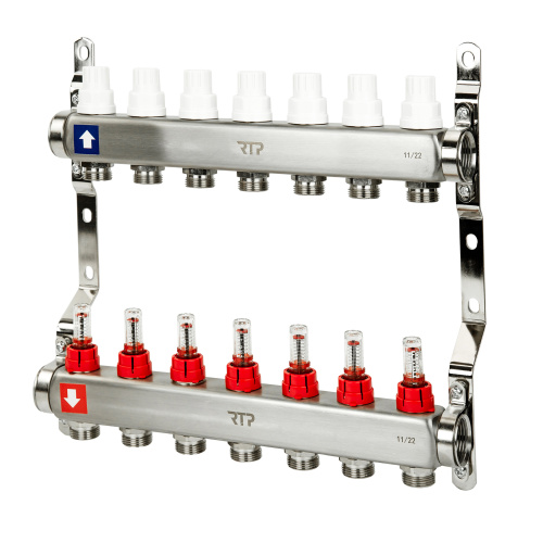 Коллекторная группа с расходомером и кронштейном (евроконус 3/4") нержавеющая сталь SUS 304 1"х 7 выходов, RTP