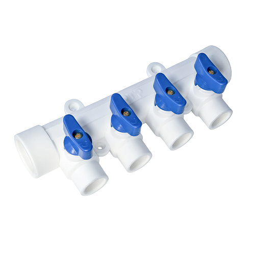 Коллектор с шаровым краном синий PPR 32х20/4,  белый, RTP