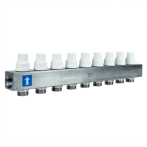 Коллекторная группа с расходомером и кронштейном (евроконус 3/4") нержавеющая сталь SUS 304 1"х 9 выходов, RTP