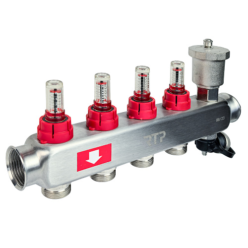 Коллекторная группа с регулирующими клапанами, расходомерами, воздухоотводчиками, обратными и дренажными клапанами, кронштейном (евроконус 3/4") нержавеющая сталь SUS 304 1"х 4 выхода, RTP