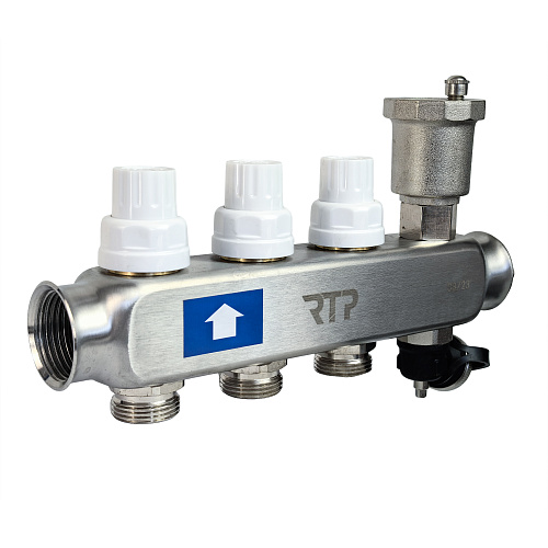 Коллекторная группа с регулирующими клапанами, расходомерами, воздухоотводчиками, обратными и дренажными клапанами, кронштейном (евроконус 3/4") нержавеющая сталь SUS 304 1"х 3 выхода, RTP