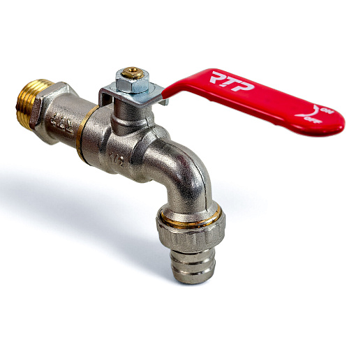Кран шаровой водоразборный ручка рычаг, латунь, наружная/наружная резьба 1/2"х1/2"-16, индивидуальная упаковка, никель, RTP
