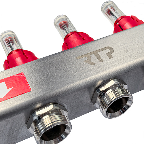 Коллекторная группа с регулирующими клапанами, расходомерами, воздухоотводчиками, обратными и дренажными клапанами, кронштейном (евроконус 3/4") нержавеющая сталь SUS 304 1"х 11 выходов, RTP