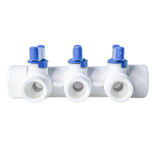 Коллектор с шаровым краном синий PPR 32х20/3,  белый, RTP